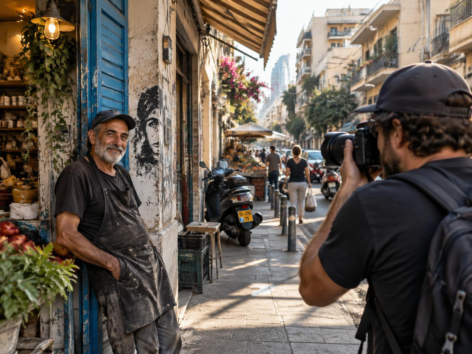 Illustrative scene of a street photographer making a portrait in Tel Aviv
